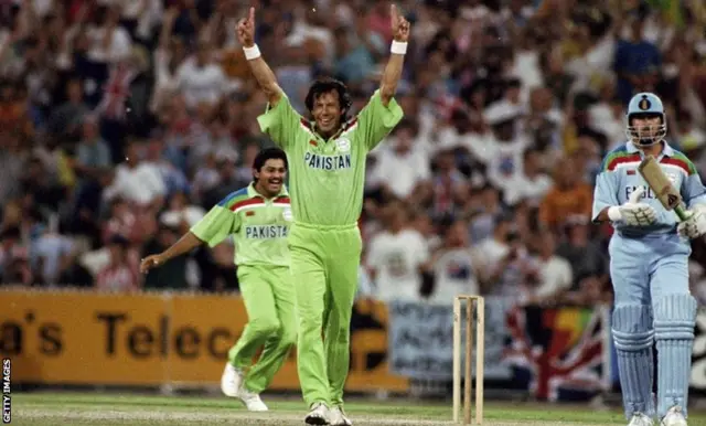 Imran Khan of Pakistan celebrates after taking the wicket of Richard Illingworth of England to win the World Cup Final