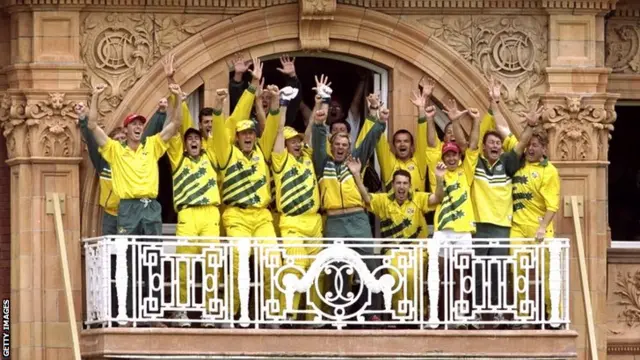 The Australia team celebrate winning the 1999 World Cup final