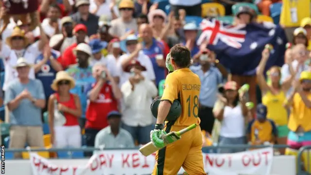 Australian Adam Gilchrist walks off the field after scoring 149 runs against Sri Lanka in the final of the Cricket World Cup 2007