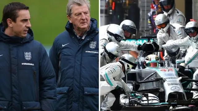 Gary Neville, Roy Hodgson and Mercedes pit team