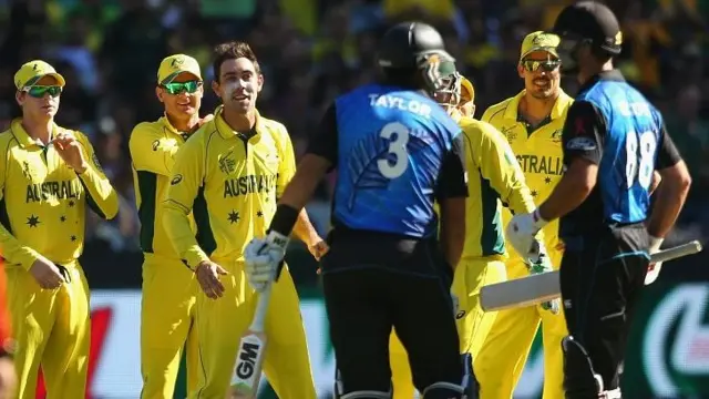 Glenn Maxwell of Australia and Grant Elliott of New Zealand exchange words