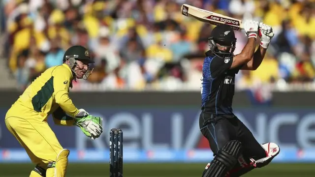 Grant Elliott bats as Brad Haddin looks on