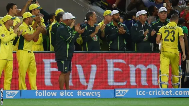 Michael Clarke is clapped off by his Australia team-mates