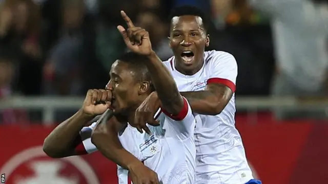 Admilson Gege (left) of Cape Verde celebrates scoring a goal against Portugal