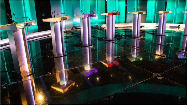 Lecterns are prepared for the leaders debate at the ITV studios