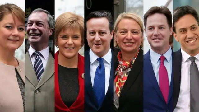 Leanne Wood (Plaid Cymru), Nigel Farage (Ukip), Nicola Sturgeon (SNP), David Cameron (Conservative), Natalie Bennett (Green Party), Nick Clegg (Liberal Democrat), Ed Miliband (Labour