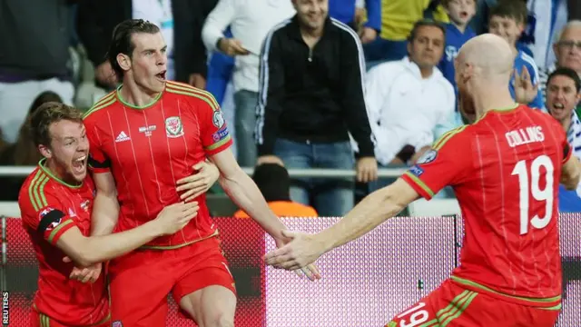 Gareth Bale (centre) celebrates after scoring for Wales against Israel