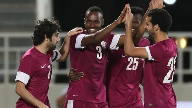 Qatar celebrate scoring in the recent friendly win over Slovenia