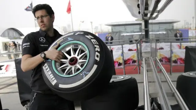 Mercedes engineers prepare tyres