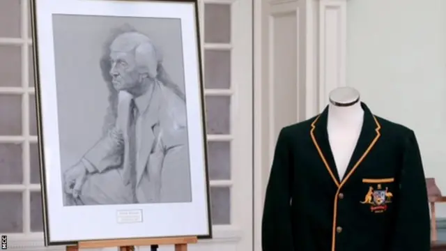 A portrait of Richie Benaud, along with an Australian cricket blazer