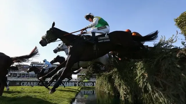 Many Clouds ridden by Leighton Aspell clears the Water Jump