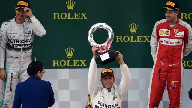 Lewis Hamilton celebrates winning the Chinese Grand Prix