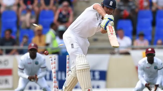 England opener Alastair Cook is bowled out during the first Test against the West Indies