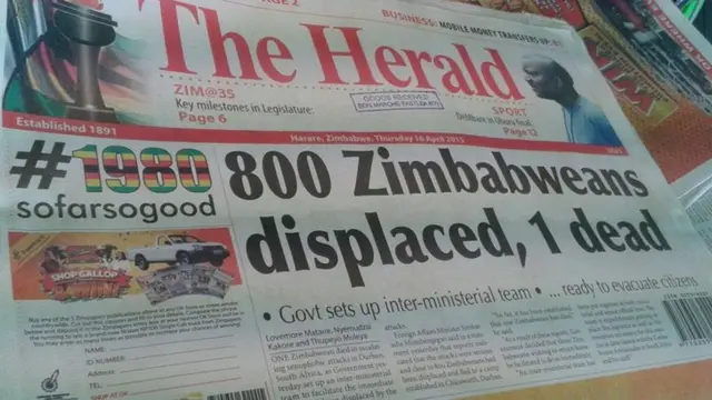 Front page of Zimbabwe Herald