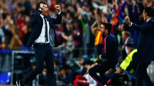 Luis Enrique celebrates Barcelona's opening goal against PSG