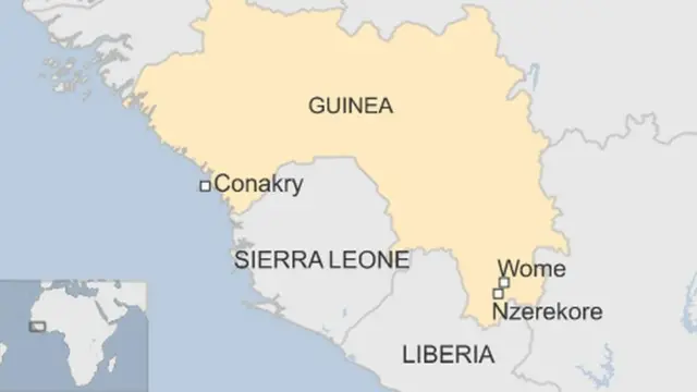 Map of Guinea showing the capital Conakry and the southern city of Nzerekore