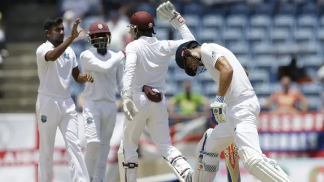 West Indies players celebrates unsuccessfully