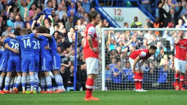 Chelsea players celebrate scoring against Arsenal