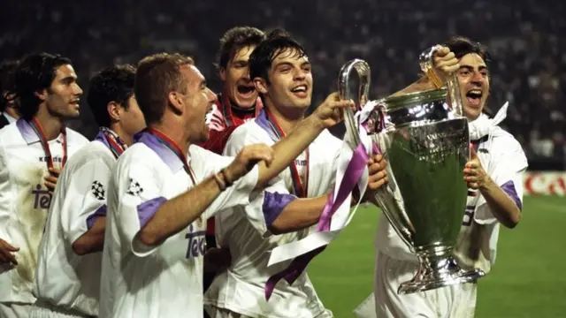 Real Madrid celebrate winning the European Cup in 1998