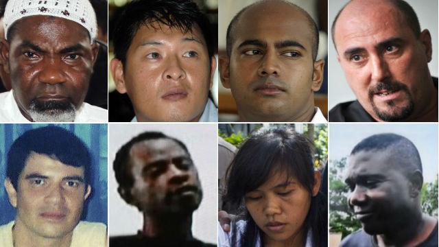 In this file combo photographs, eight foreign death row prisoners in Indonesia await execution by firing squad in Nusakambangan prison island. Top row from left, Ghanaian Martin Anderson, Australians Andrew Chan and Myuran Sukumaran, Frenchman Serge Atlaoui. Bottom row Brazilian Rodrigo Gularte, Nigerian Raheem Agbaje Salami, Filipina Mary Jane Fiesta Veloso, and Nigerian Sylvester Obiekwe Nwolise.