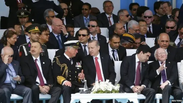 Turkey's President Recep Tayyip Erdogan and Britain's Prince Charles talk before the ceremony