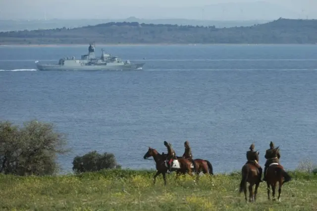 Mounted Turkish gendarmes dressed as World War One Ottoman Turkish soldiers