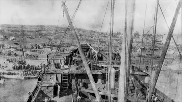 A view of V beach from the ship River Clyde, which was run aground as part of the landing