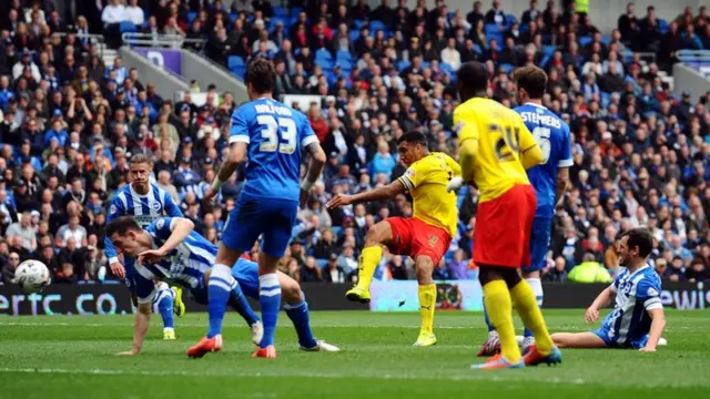 Troy Deeney scores Watford's first goal of the afternoon