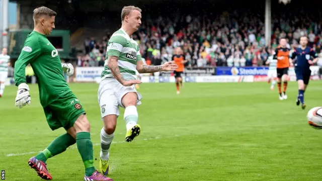 Leigh Griffiths moves in on United goalkeeper Radoslaw Cierzniak