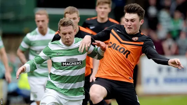 Celtic's Kris Commons tussles for possession with John Souttar