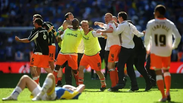 Blackpool players celebrate winning the 2010 Championship play-off final