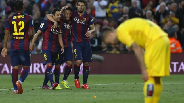 Luis Suarez celebrates for Barcelona