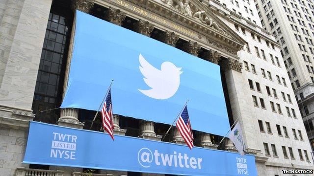 Banner of twitter draped over the front of the New York Stock exchange