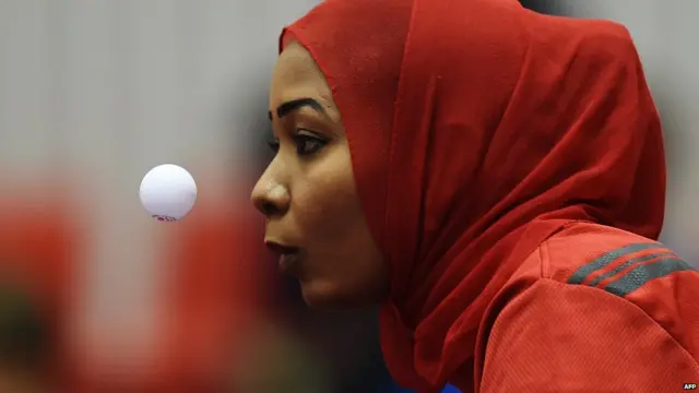 Habab Hussein serves a ball at the World Table Tennis Championships