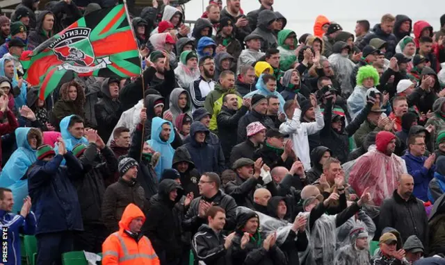 Glentoran fans in full voice during the Irish Cup decider at a rain-lashed Oval