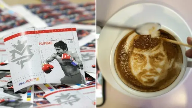 A Manny pacquiao stamp and a coffee