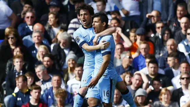 Sergio Aguero celebrates his goal with David Silva