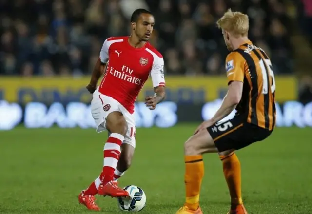 Arsenal's Theo Walcott (L) in action with Hull City's Paul McShane on Monday 4 May 2015