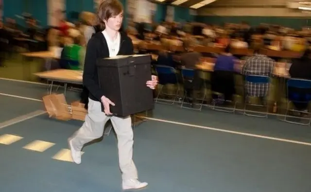 Ballot boxes are run in during Sunderland election count in 2010