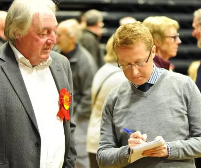 Ex Carlisle Labour MP Eric Martlew at count talking to News & Star journalist Nick Griffiths