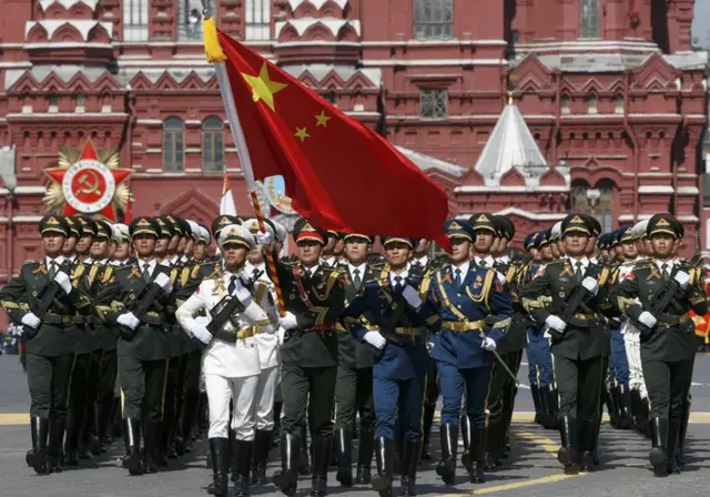 Chinese servicemen march during the Victory Day parade at Red Square