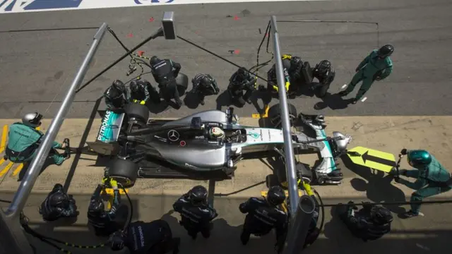 Lewis Hamilton during a pit stop