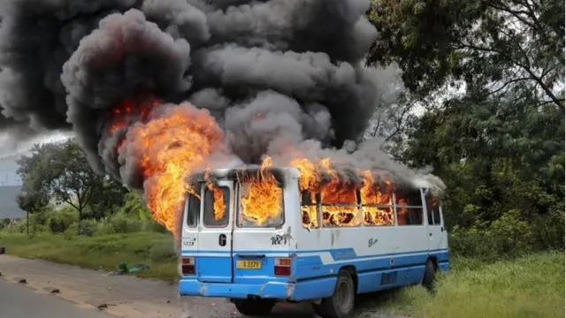 A bus on fire in Bujumbura on 12 April 2015