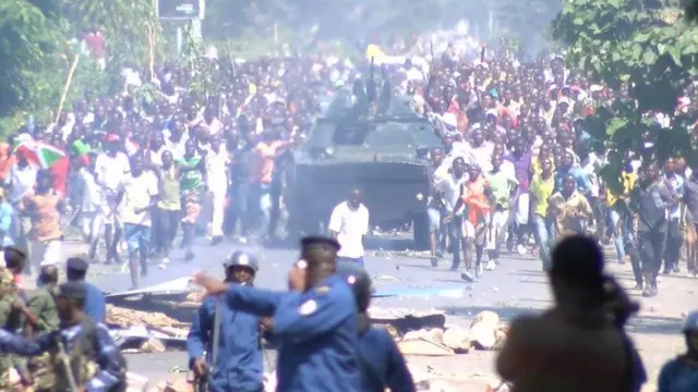 a tank rolls down the main road in Bujumbura