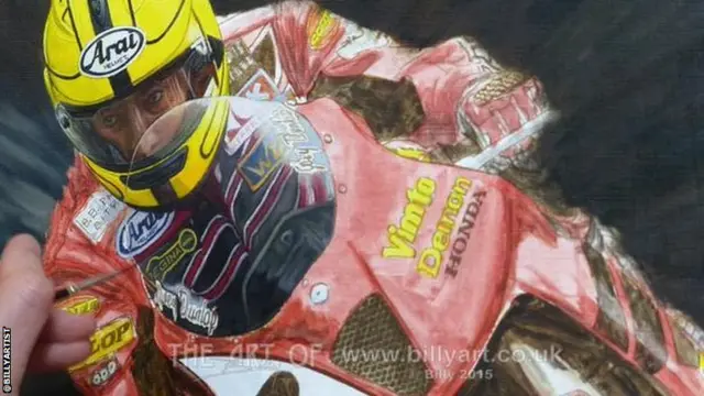 @Billyartist painting Joey Dunlop while listening to #NorthWest200 practice