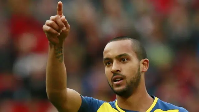 Walcott points after scoring for Arsenal