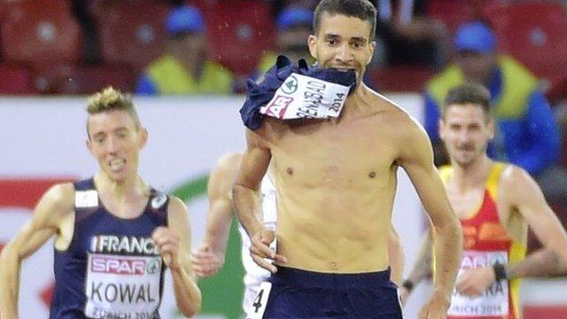 French steeplechaser Mahiedine Mekhissi-Benabbad removes his vest