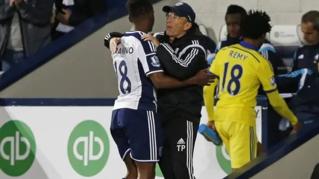 Saido Berahino is embraced by manager Tony Pulis