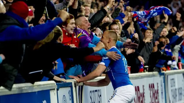 Kenny Miller picks up a yellow card for his troubles as he celebrates his goal with the Rangers support