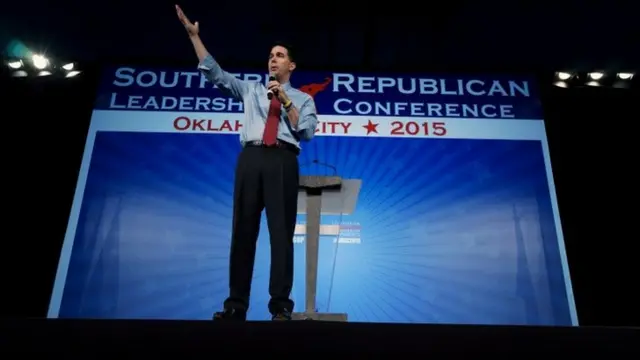 Wisconsin Governor and likely Republican presidential candidate Scott Walker speaks at the Southern Republican Leadership Conference in Oklahoma City, Oklahoma 21 May 2015